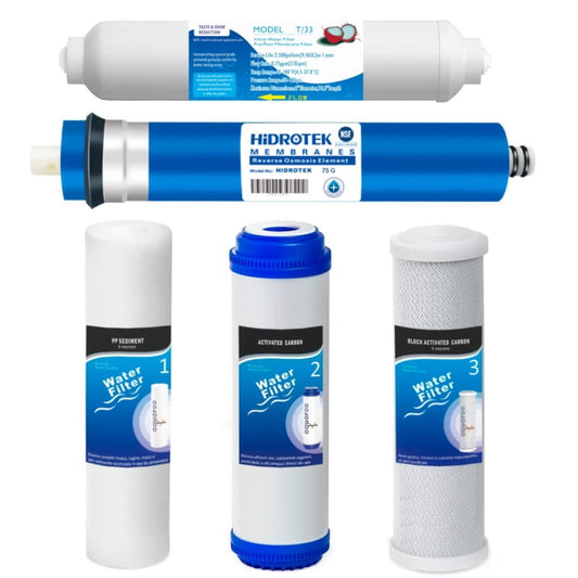 Cartuse filtru apa set 5 buc. prefiltrare 1-2-3-4-5, Osmoza Inversa, PP sedimente 5 microni, GAC carbon activ, CTO bloc carbon 5 microni, membrana 75 GPD, postcarbon image 0