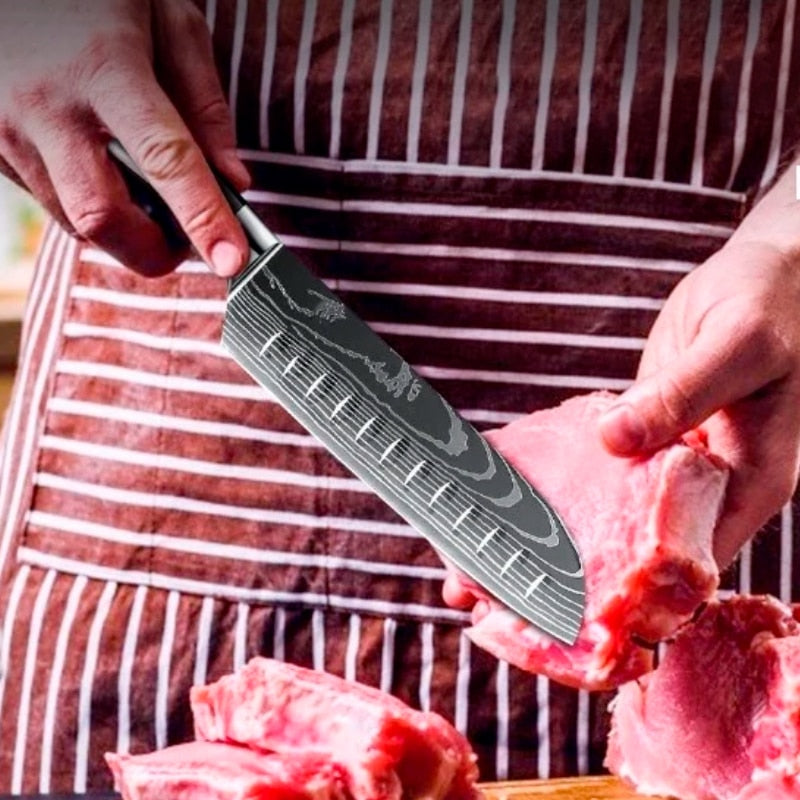 Cutit profesional HOCHO Santoku, otel japonez HRC 60 calire laser, maner Delux Pakka image 2
