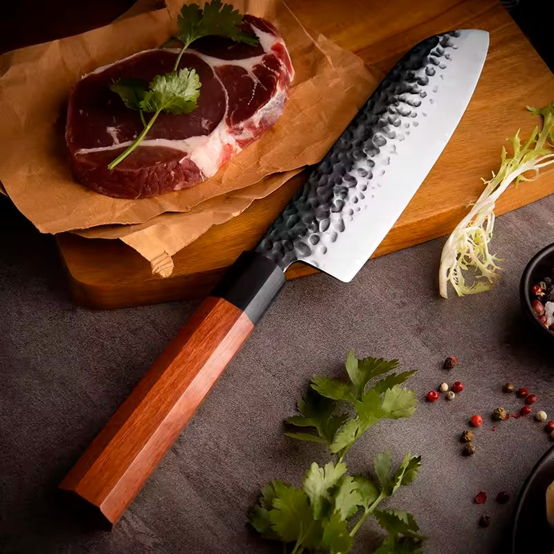 Cutit profesioanal HOCHO Santoku seria JP, otel japonez HRC 60 calire manuala, maner Delux Pakka image 3