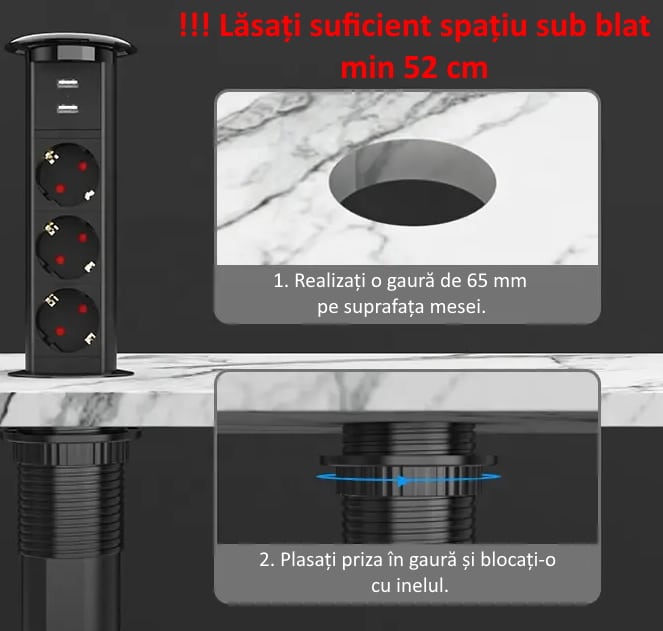 Prelungitor cu incarcare wireless incastrabil in masa cu deschidere  touch 3 prize EU, 2 x USB image 3