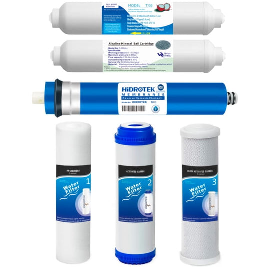 Cartuse filtru apa set 6 buc. prefiltrare 1-2-3-4-5-6, Osmoza Inversa, PP sedimente 5 microni, GAC carbon activ, CTO bloc carbon 5 microni, membrana 90 GPD, postcarbon, remineralizare image 0