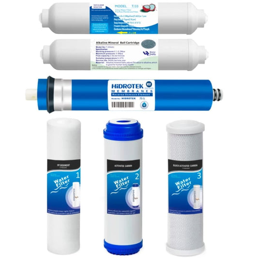 Cartuse filtru apa set 6 buc. prefiltrare 1-2-3-4-5-6, Osmoza Inversa, PP sedimente 5 microni, GAC carbon activ, CTO bloc carbon 5 microni, membrana 75 GPD, postcarbon, remineralizare image 0