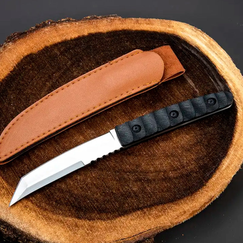 Briceag cu husa piele vegana, lama fixa cu zimt, otel japonez, calire laser, maner G10, Negru image 2