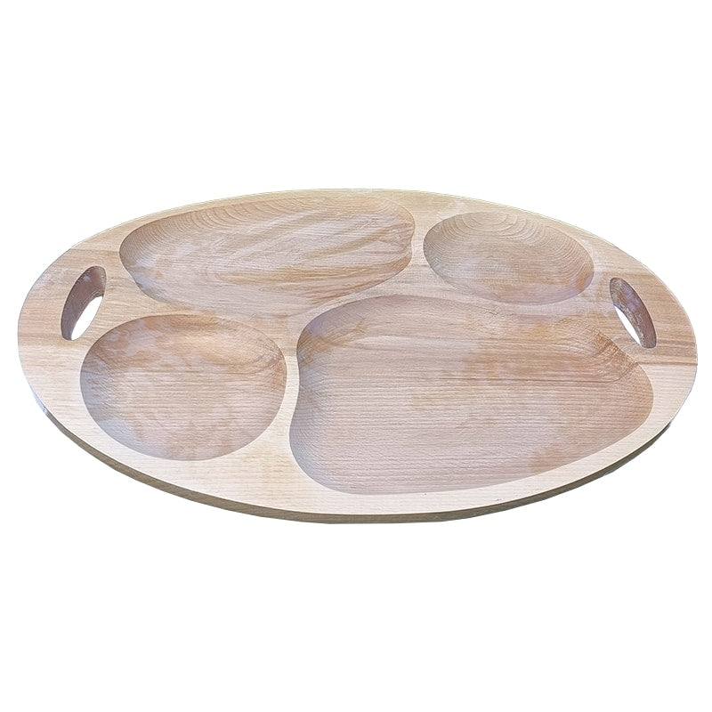 Platou oval de servire cu patru compartimente și mânere, artizanal, din lemn de fag, 45 cm image 1
