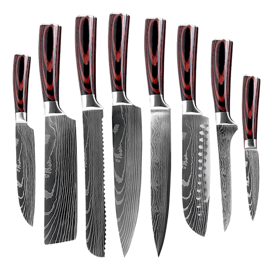 Set 8 cutite profesionale cu suport magnetic stationar salcam HOCHO, otel Japonez HRC 60 calire laser, maner Deluxe Pakka image 1