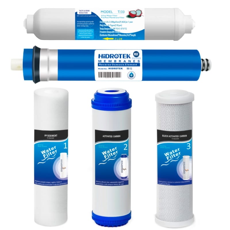 Cartuse filtru apa set 5 buc. prefiltrare 1-2-3-4-5, Osmoza Inversa, PP sedimente 5 microni, GAC carbon activ, CTO bloc carbon 5 microni, membrana 90 GPD, postcarbon image 0