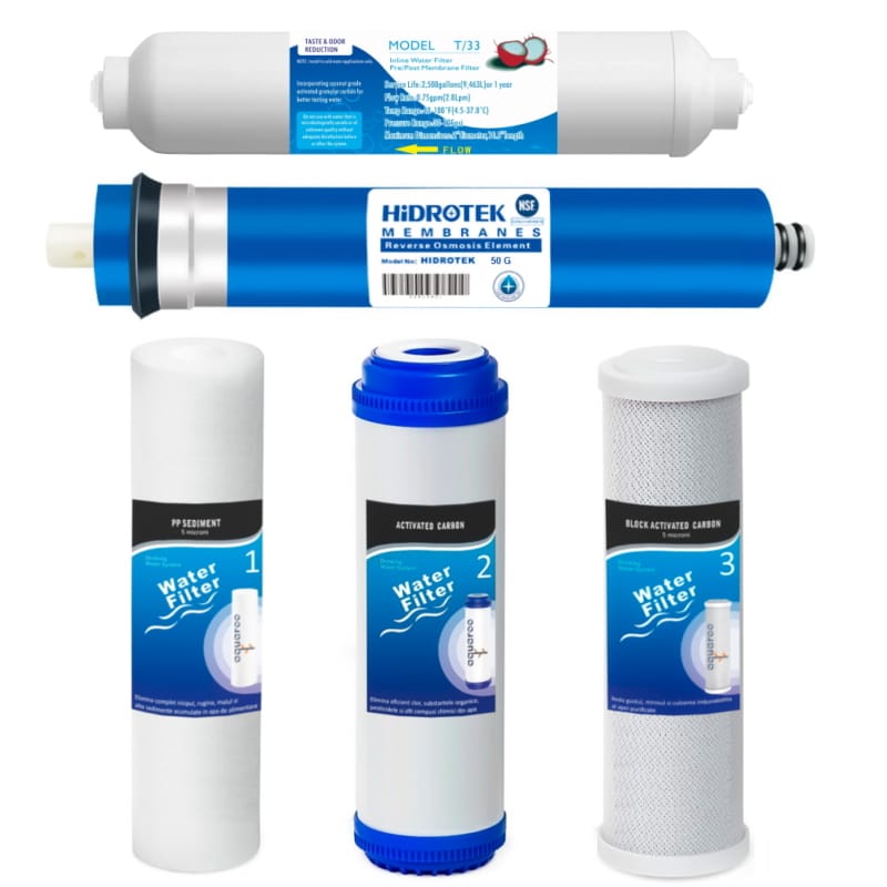 Cartuse filtru apa set 5 buc. prefiltrare 1-2-3-4-5, Osmoza Inversa, PP sedimente 5 microni, GAC carbon activ, CTO bloc carbon 5 microni, membrana 50 GPD, postcarbon image 0