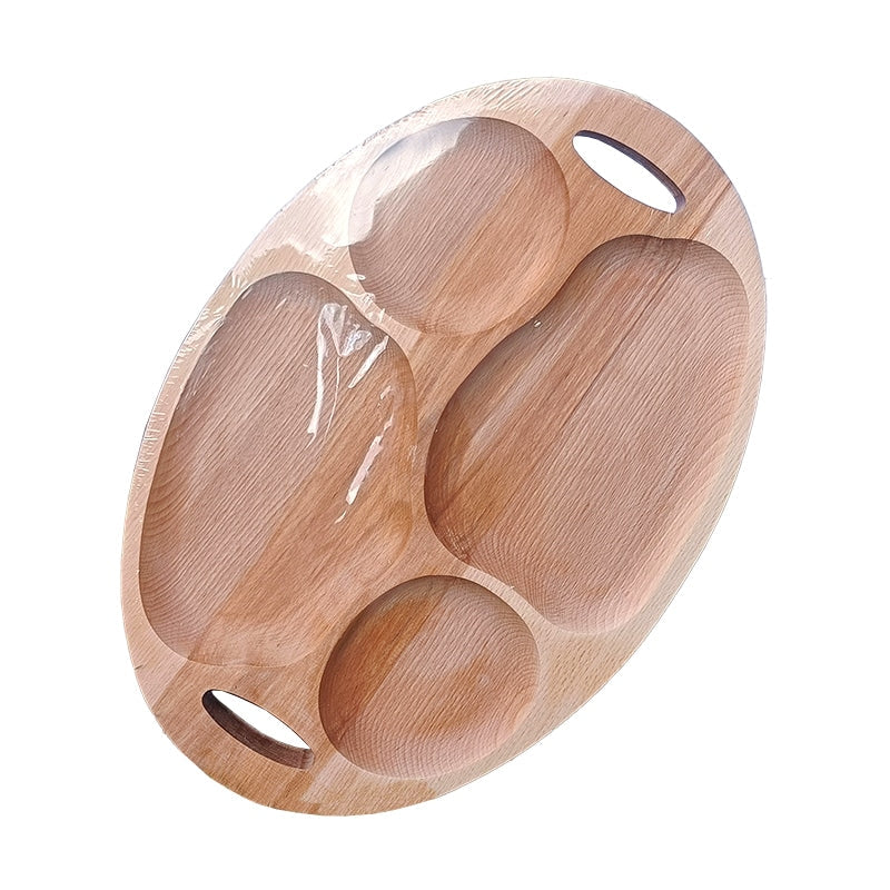 Platou oval de servire cu patru compartimente și mânere, artizanal, din lemn de fag, 45 cm image 3