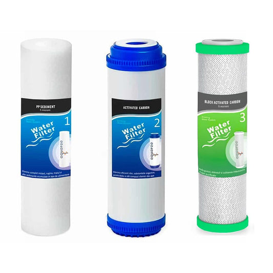 Cartuse filtru apa set 3 buc. prefiltrare 1-2-3 Standart, Osmoza Inversa, Microfiltrare si Ultrafiltrare, PP sedimente 5 microni, GAC carbon activ, NAC nano bloc carbon 5 microni image 0