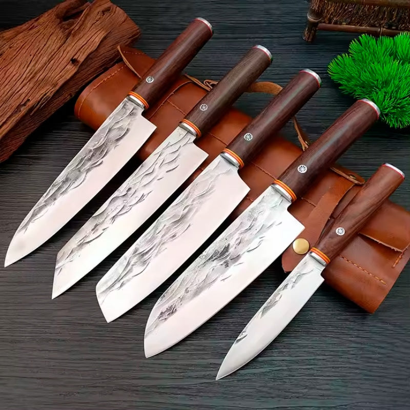Set 5 cutite profesionale seria Timeless, otel japonez HRC 60 calire manuala, maner de lemn image 2
