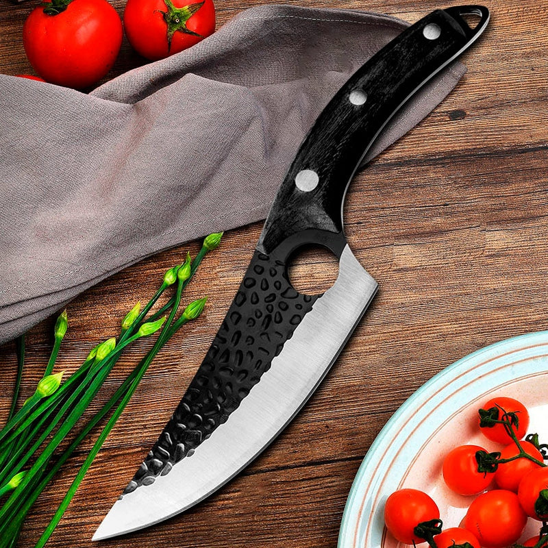 Cutit profesional cu husa HOCHO seria Camping III, Otel Japonez HRC 60 calire manuala, maner lemn, Black image 2