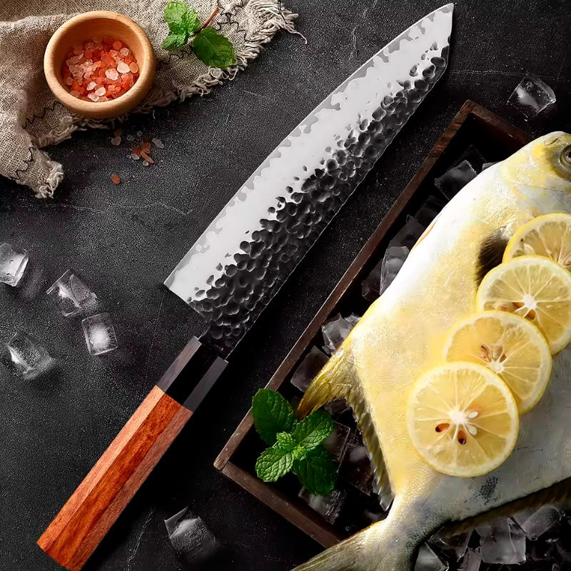 Set 3 cuțite profesionale HOCHO, seria JP calire manuala :  Kiritsuke, Santocu și Nakiri image 3