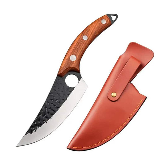 Cutit profesional cu husa HOCHO seria Camping III, Otel Japonez HRC 60 calire manuala, maner lemn, Brown image 0