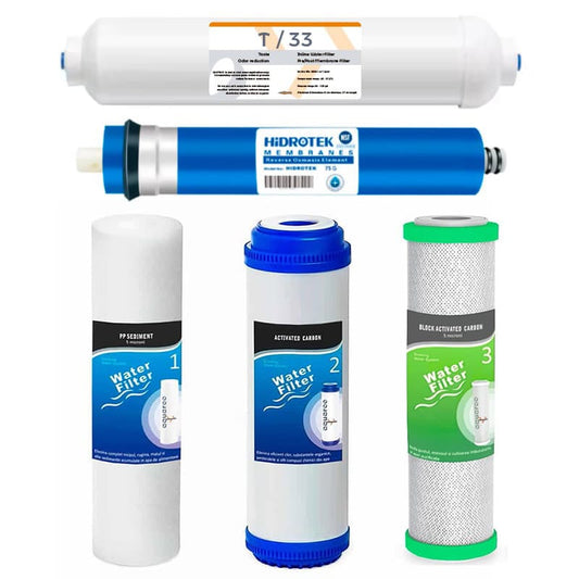 Cartuse filtru apa set 5 buc. prefiltrare , Osmoza Inversa, PP sedimente 5 microni, GAC, NANO Bloc Carbon 5 microni, membrana 75 GPD, postcarbon image 0