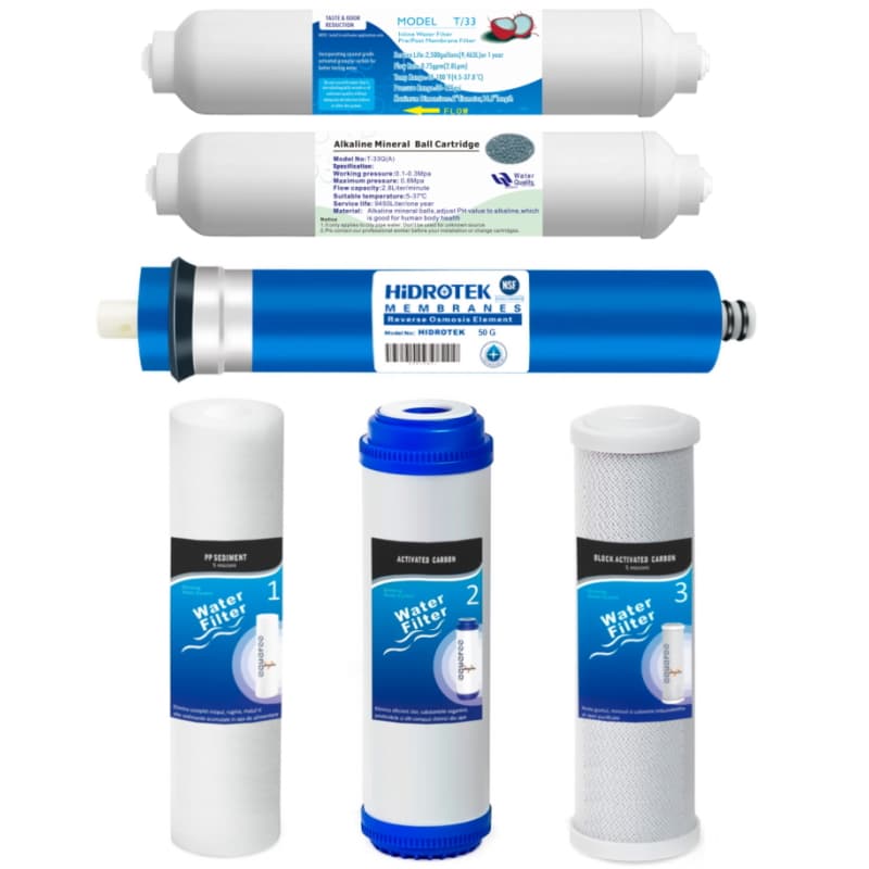 Cartuse filtru apa set 6 buc. prefiltrare 1-2-3-4-5-6, Osmoza Inversa, PP sedimente 5 microni, GAC carbon activ, CTO bloc carbon 5 microni, membrana 50 GPD, postcarbon, remineralizare image 0