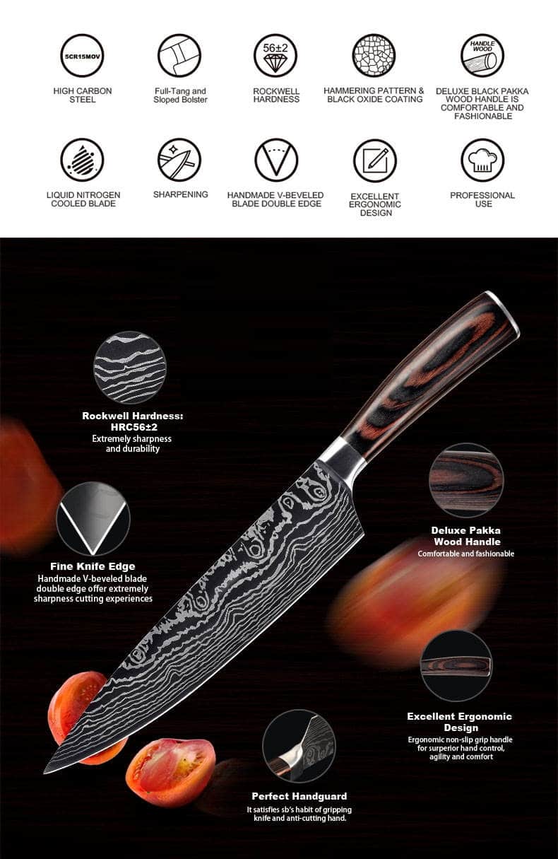 Set cutite Hocho profesional SHIRO GAMI, otel Japonez HRC 60, maner Deluxe Pakka, calire laser, 8 cutite image 4