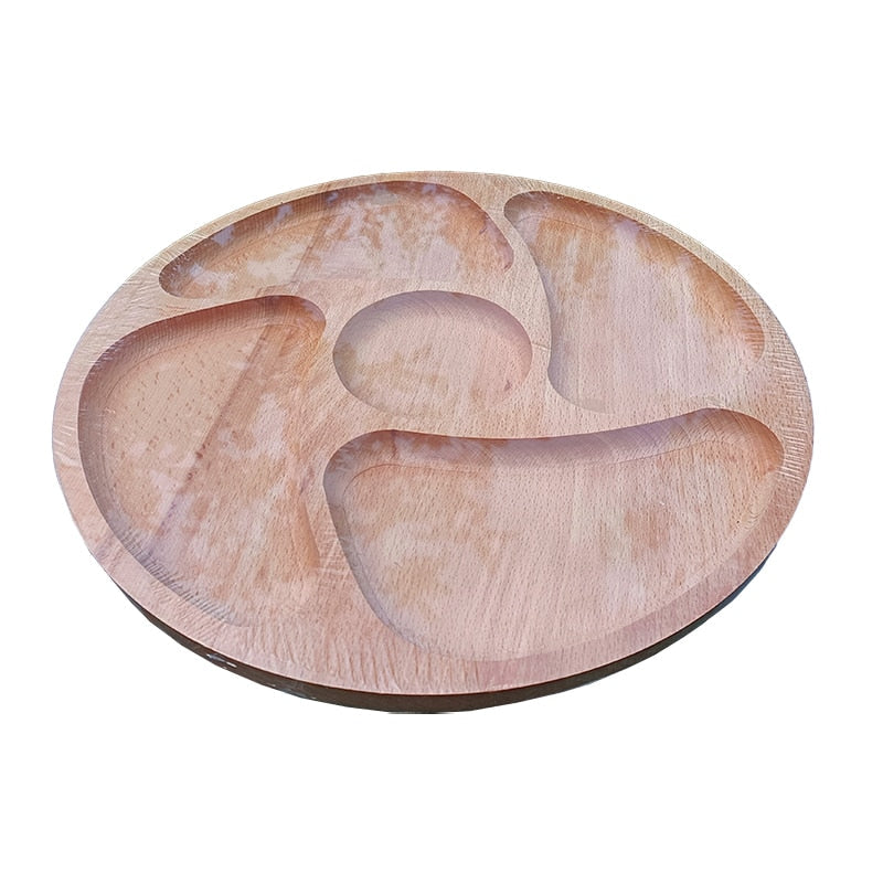 Platou rotund de servire, cu patru compartimente, artizanal, din lemn de fag, 30 cm image 1