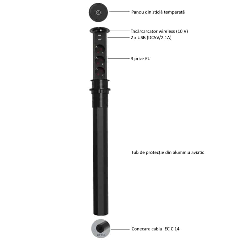 Prelungitor cu incarcare wireless incastrabil in masa cu deschidere  touch 3 prize EU, 2 x USB image 5